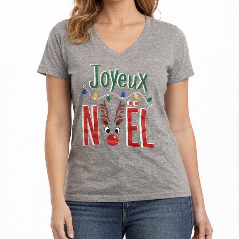 "Joyeux Noel" Grey V-Neck T-Shirt Top Shirt size L